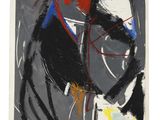a black and white painting with red, blue, and yellow paint
