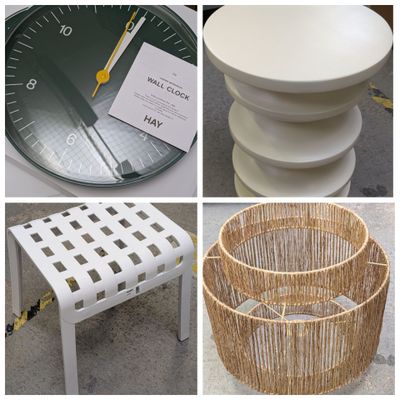several different pictures of a table with a clock and a stool