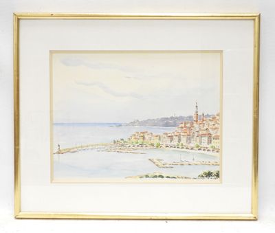 an image of a watercolor painting of a city by the sea