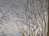 an oil painting of a snowy landscape with trees in the foreground