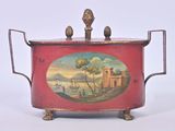 une boîte rouge ornée d'une peinture, posée sur un socle