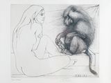 dessin représentant une femme et un singe assis sur un canapé