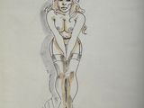 drawing of a woman in a bathing suit with a speech bubble above her head