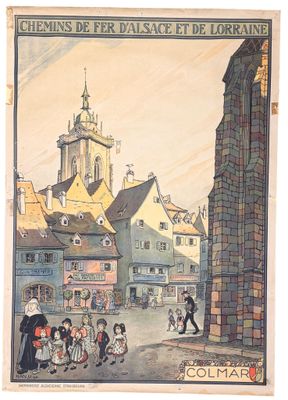 painting of a street scene with a church steeple in the background