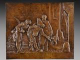 an image of a bronze plaque depicting a man on a horse and a woman on a horse
