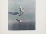 an open book with a picture of a man and a dog on a beach