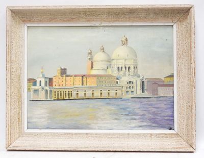 a picture of a painting of a building on the water