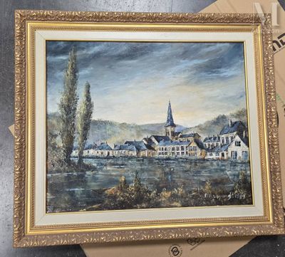 an image of a painting of a village with a church in the background