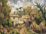 an oil painting of a dirt road with a house in the background