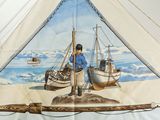 a painting of a man on a boat on the beach