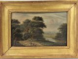 une peinture à l'huile représentant un paysage avec une rivière et des arbres