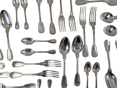 a lot of silver spoons and forks on the table