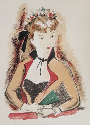 dessin représentant une femme en robe, tenant un livre et une fleur dans les cheveux