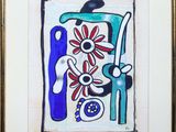 tableau représentant un vase contenant des fleurs et un vase bleu contenant des fleurs