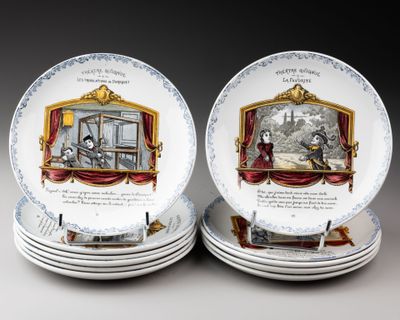 plusieurs assiettes sur lesquelles figurent les portraits d'une femme et d'un homme