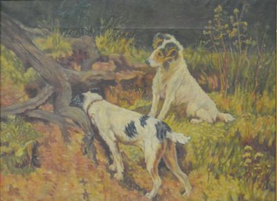 MONOGRAMME "G.J." "Scène de chasse, deux chiens à l'arrêt de…