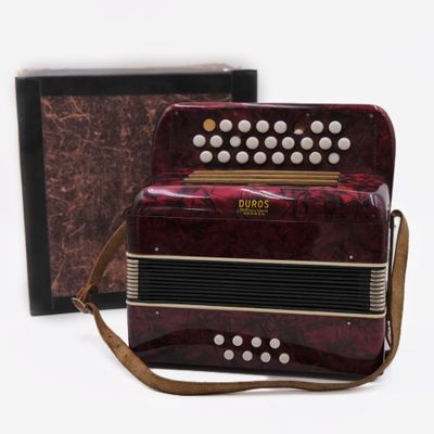 an image of a red accordion sitting next to a black box