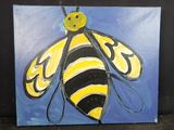 une peinture représentant une abeille avec un visage souriant