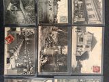 several old black and white photographs of a train and a building