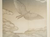 tableau représentant un oiseau volant au-dessus d'un plan d'eau sous un ciel nuageux