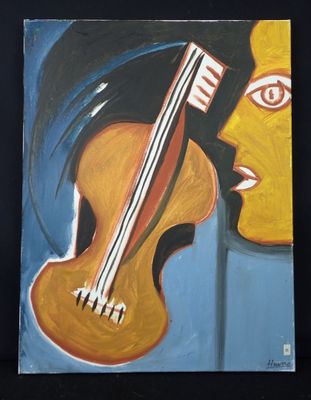peinture représentant une peinture d'une guitare et du visage d'une femme sur fond noir