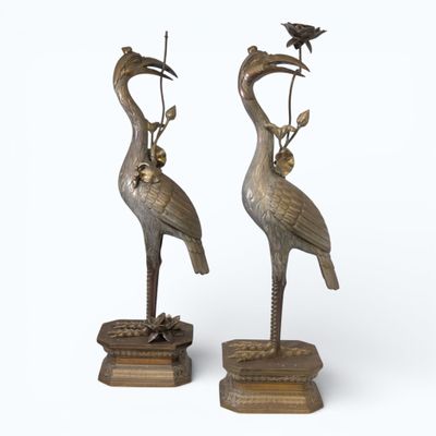 Indochine, début XXe siècle Paire de grues en cuivre dépatin… - Photo 1