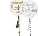 ballons « Joyeux anniversaire » avec des pompons et des confettis