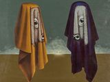 un tableau représentant deux serviettes sur lesquelles sont dessinés des visages et qui sont suspendues