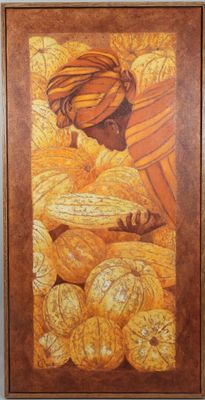 painting of a man with a turban on his head in front of a pile of oranges