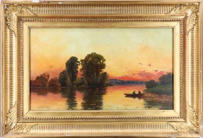 an oil painting of a boat on a lake with a sunset in the background