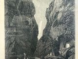 a picture of a mountain scene with people sitting on the rocks