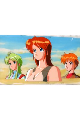 three anime characters are standing in front of a blue sky