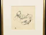 a black and white drawing of a woman laying on her stomach