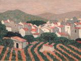 a painting of a village in the middle of a field