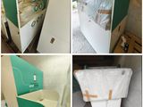 plusieurs photos d'un lit recouvert d'un couvre-lit vert et blanc et d'un lit avec un matelas blanc