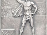 silver medal of a man with a cape on his head holding a branch