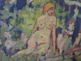 a painting of a woman sitting on a bench in the woods