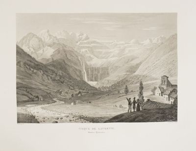 une vieille image représentant un paysage de montagne avec des personnes et des animaux