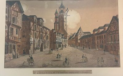 Gravure "Vue de la Tour de la grosse horloge à Rouen"
