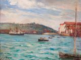 a painting of a boat in the water near a building
