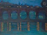 peinture représentant une peinture d'un pont enjambant un plan d'eau, de nuit