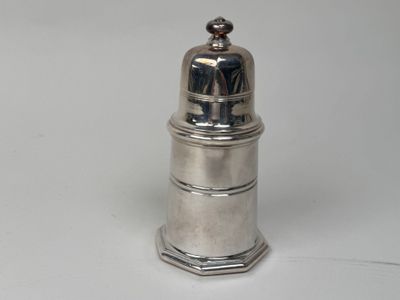 une petite poivrière en argent posée sur une surface blanche