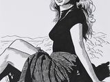 un dessin en noir et blanc représentant une femme assise par terre