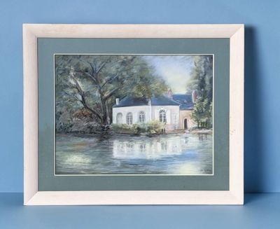 painting of a white house by the water with a blue sky in the background