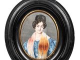 portrait d'une dame en robe bleue, avec un châle rouge autour du cou