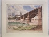 une image d'une peinture représentant un pont sur une rivière