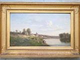 peinture d'un paysage avec une rivière et un château au loin