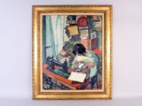 un tableau représentant une femme en train de coudre à la machine à coudre