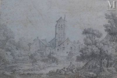 drawing of a church in a wooded area with a horse drawn path