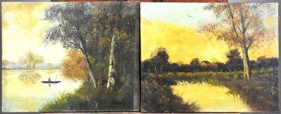 two paintings of a boat on a river next to a tree